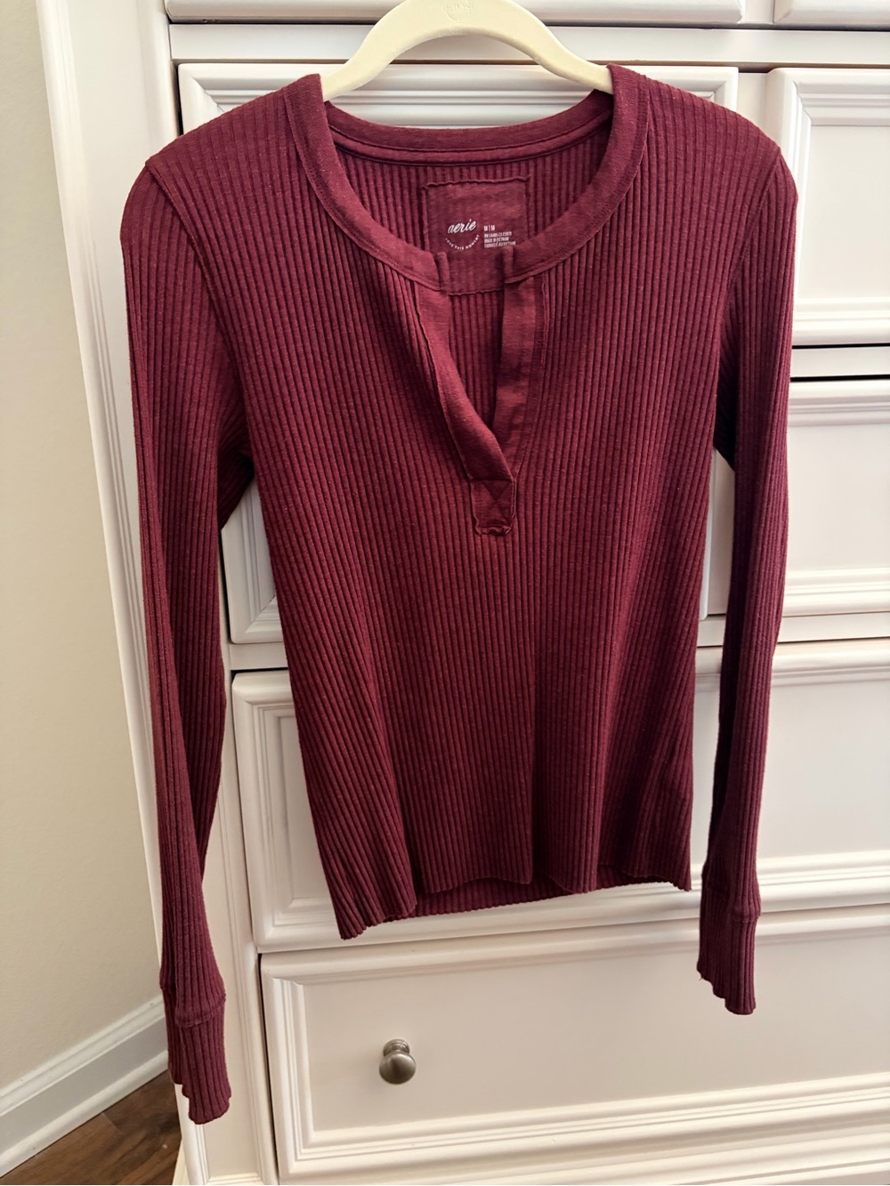 aerie Ribbed Long-Sleeve Henley Top- burgundy wine